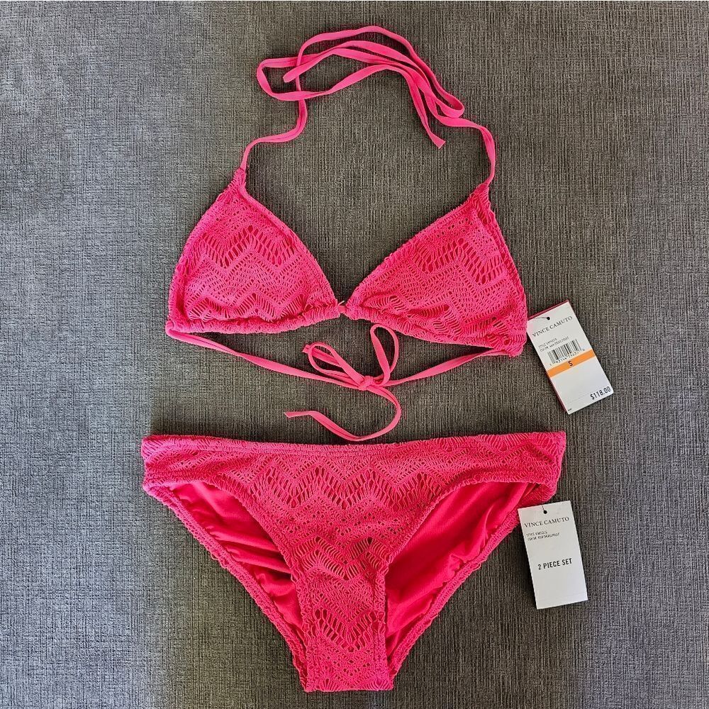 Vince Camuto Women's Pink Crochet  Bikini Top & Bottoms 2 Piece Set Size small